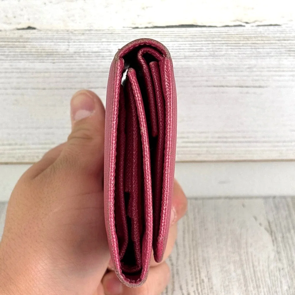 Prada Womens Pink Saffiano Leather Tri Fold Wallet Card Holder Italy Luxury